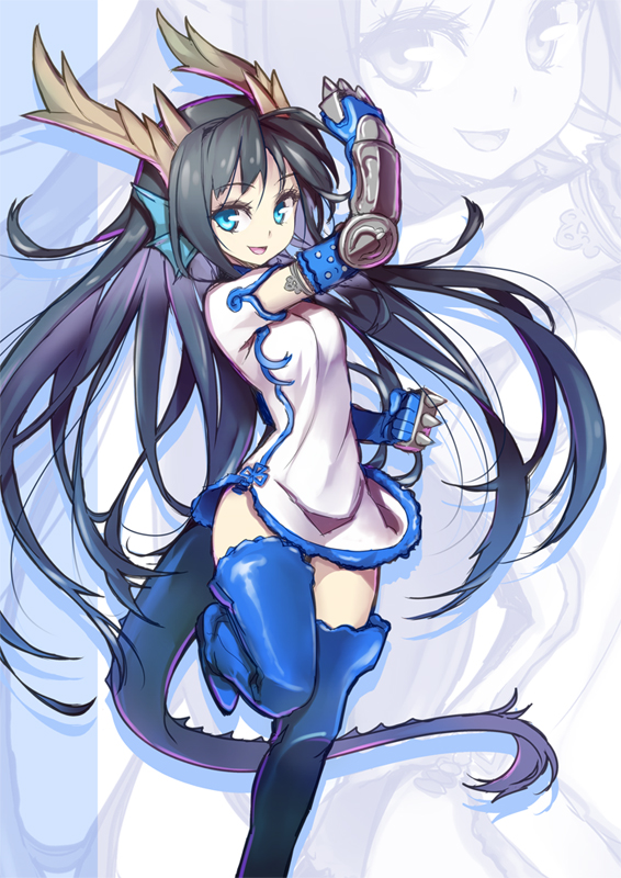 animal_ears blue_eyes blue_footwear blue_legwear boots china_dress chinese_clothes dragon_ears dragon_girl dragon_horns dragon_tail dress gauntlets hong_(white_spider) horns karin_(p&amp;d) leg_up long_hair monster_girl puzzle_&amp;_dragons qinglong_(mythology) smile solo spiked_knuckles tail thigh_boots thighhighs very_long_hair zoom_layer