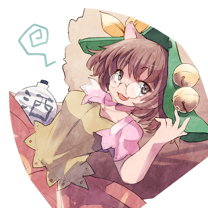 :3 bell bow brown_hair citolo fang futatsuiwa_mamizou glasses gourd grey_eyes hat jingle_bell leaf leaf_on_head pince-nez short_hair skirt sleeveless slit_pupils smile touhou