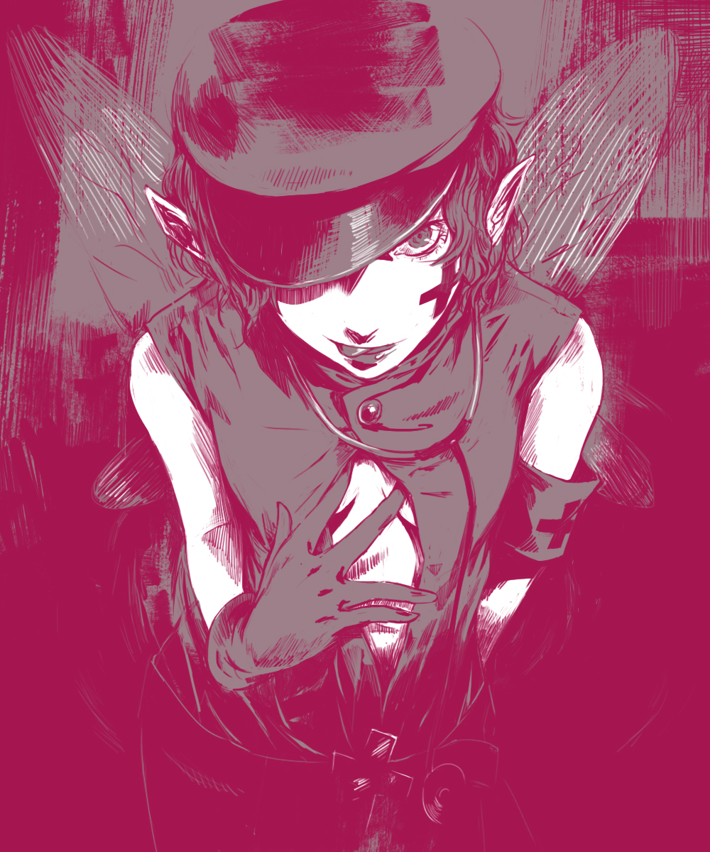 armband bad_id bad_pixiv_id breasts cleavage fairy fairy_wings hat hat_over_one_eye highres looking_at_viewer medium_breasts monochrome open_clothes open_shirt otimusyairoha persona persona_2 pointy_ears shirt short_hair solo stethoscope tongue tongue_out trish_(persona) wings