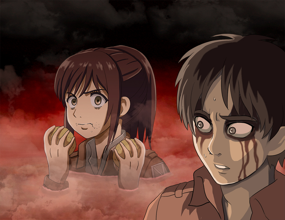 1girl black_hair brown_hair eating eren_yeager parody potato sasha_braus shingeki_no_kyojin spoilers tk8d32