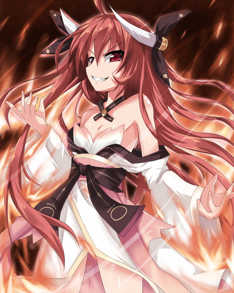 ahoge armpits bare_shoulders bin1998 breasts date_a_live dress evil_grin evil_smile fire flame grin hair_ornament itsuka_kotori long_hair looking_at_viewer red_eyes red_hair small_breasts smile solo strapless strapless_dress teeth twintails very_long_hair white_dress wide_sleeves