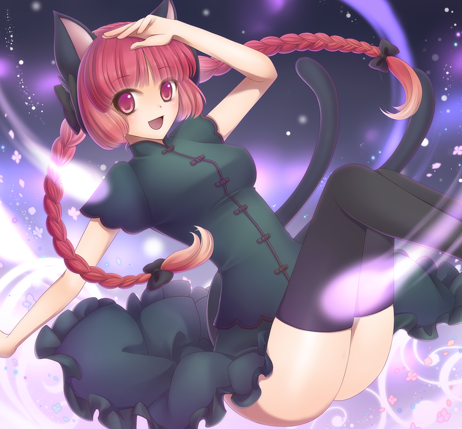 animal_ears black_legwear bow braid cat_ears dress hair_bow hayabusa_koi kaenbyou_rin light_particles open_mouth petals red_eyes red_hair smile solo tail thighhighs touhou twin_braids