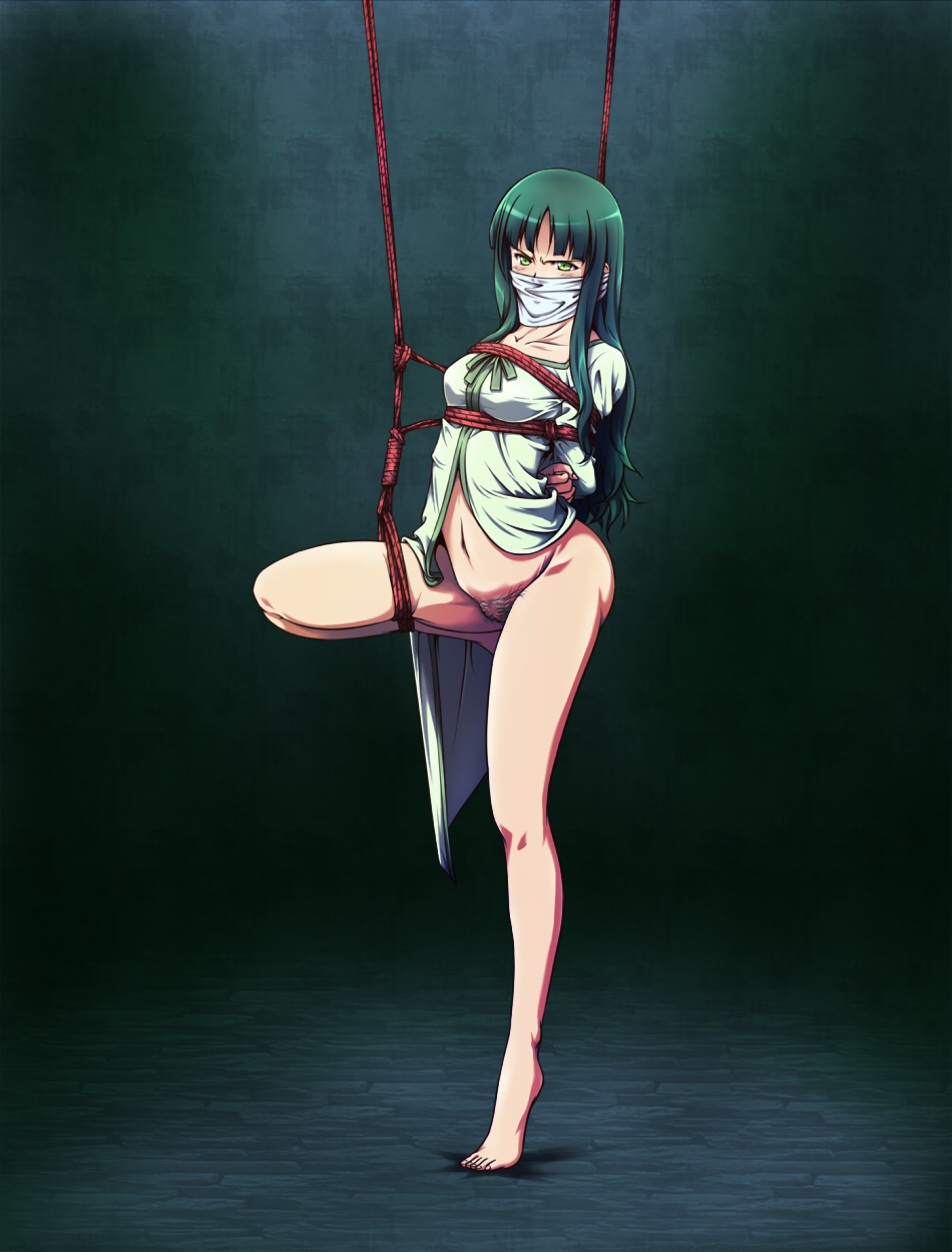 1girl arms_behind_back barefoot bdsm bondage bottomless bound bound_legs box_tie breast_bondage breasts censored cloth_gag face_mask fate/zero fate_(series) gag gagged green_hair highres improvised_gag long_hair long_legs mask milf over_the_mouth_gag over_the_nose_gag pubic_hair sakuraba_tsukasa shibari solo standing_on_one_leg suspension tohsaka_aoi yellow_eyes