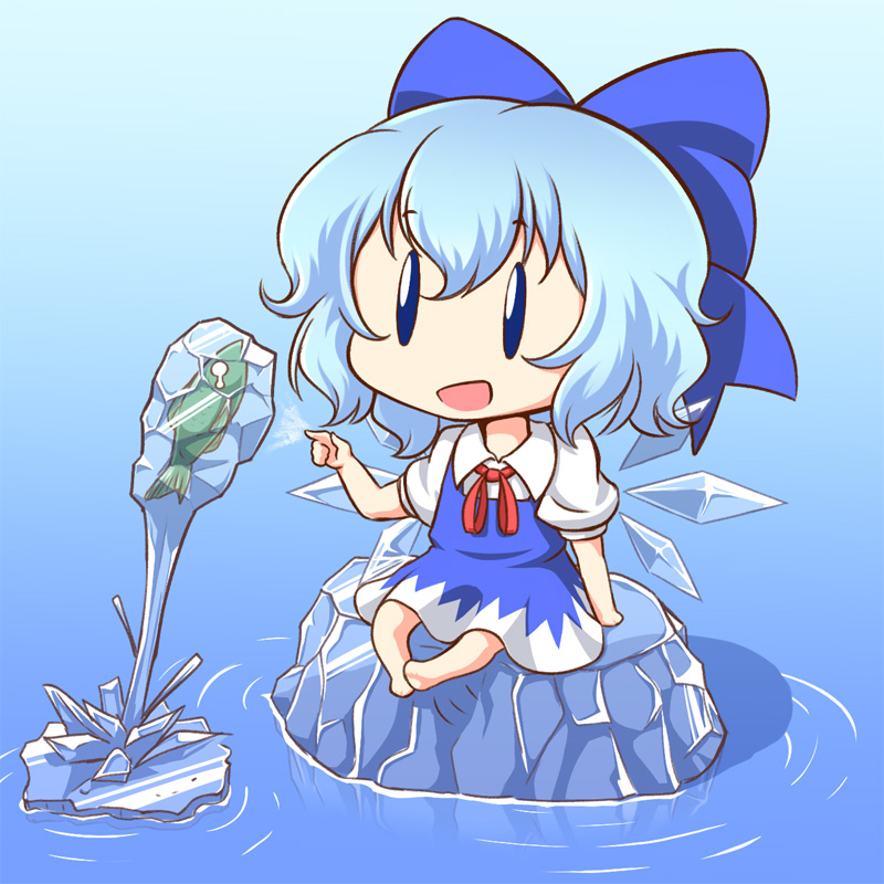barefoot blue_dress blue_eyes blue_hair bow chibi cirno dress fish fishing frozen hair_bow ice ice_block ice_wings mazume open_mouth puffy_sleeves shirt short_sleeves sitting smile solo touhou water wings |_|