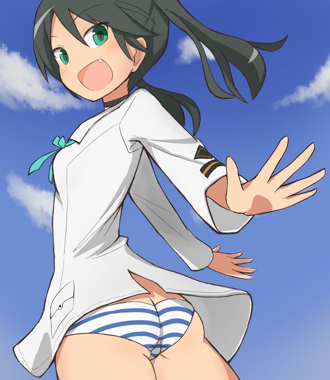 :d aiueo ass cloud day fang francesca_lucchini green_eyes green_hair looking_at_viewer open_mouth panties sky smile solo strike_witches striped striped_panties twintails underwear world_witches_series