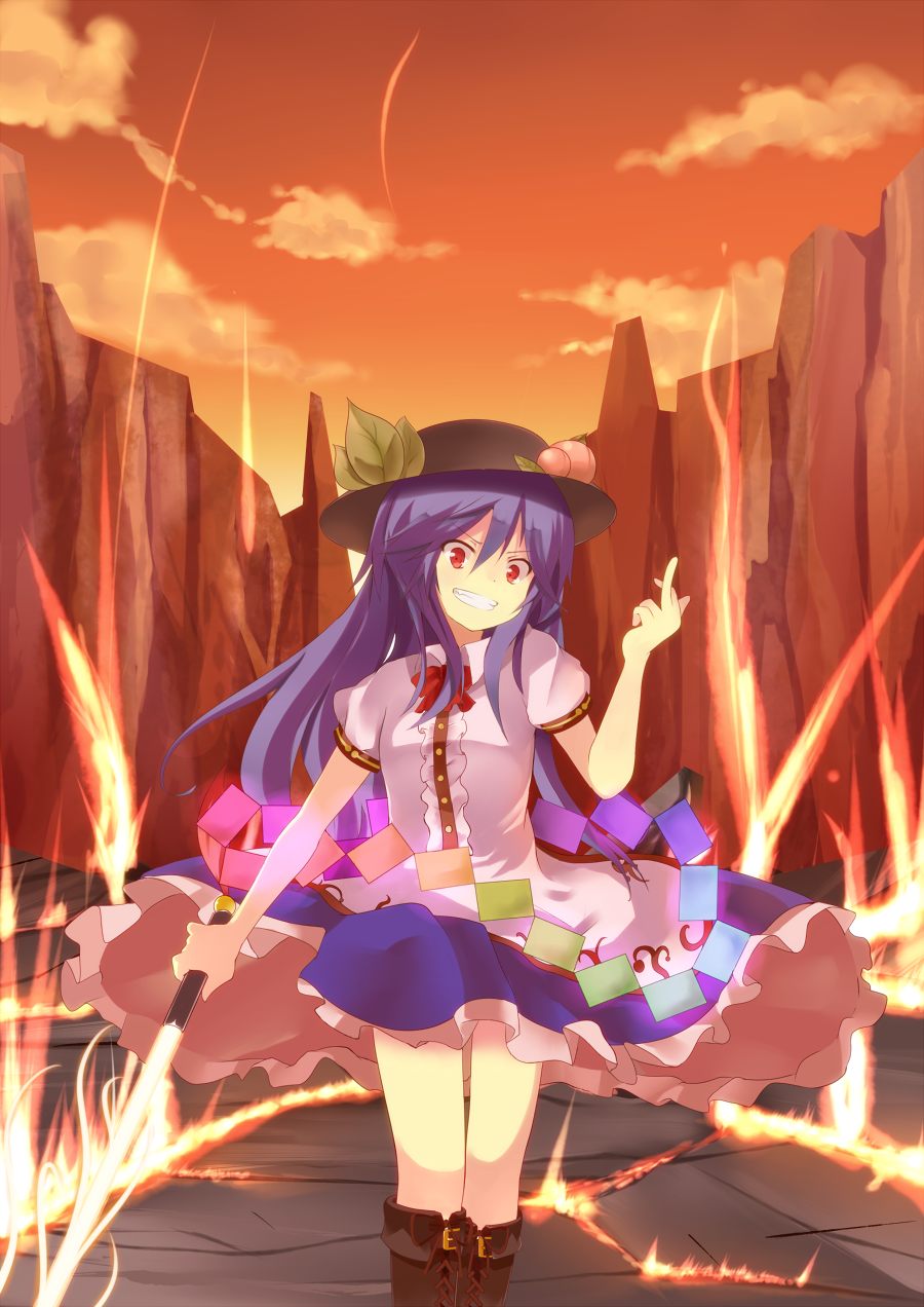 blue_hair boots food fruit highres hinanawi_tenshi long_hair middle_finger nunua peach red_eyes solo sword_of_hisou touhou