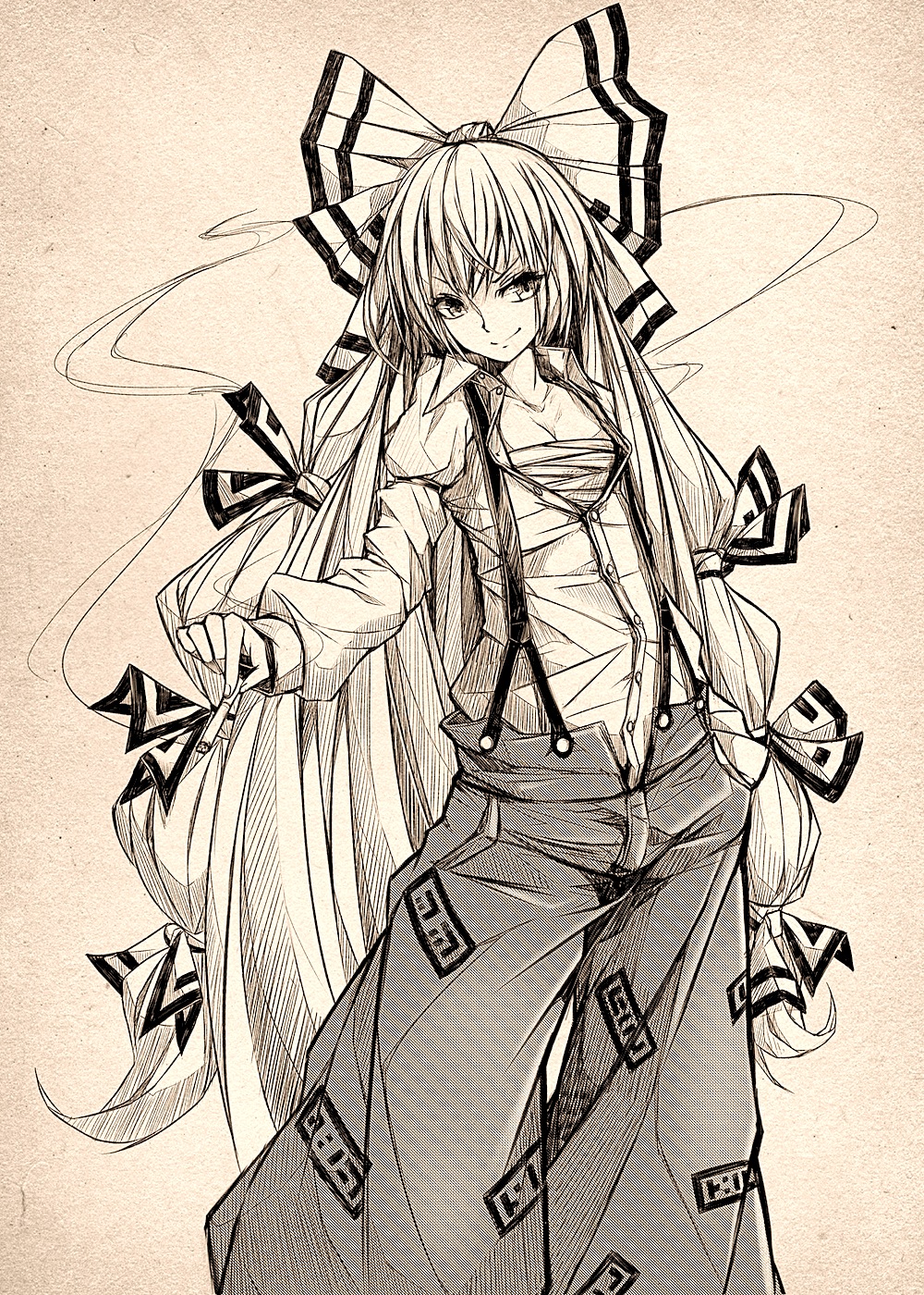 1girl bow breasts cigarette cleavage fujiwara_no_mokou hair_bow hand_in_pocket highres long_hair monochrome open_clothes open_shirt pants ribbon sarashi shirt small_breasts smile smoke solo suspenders touhou very_long_hair