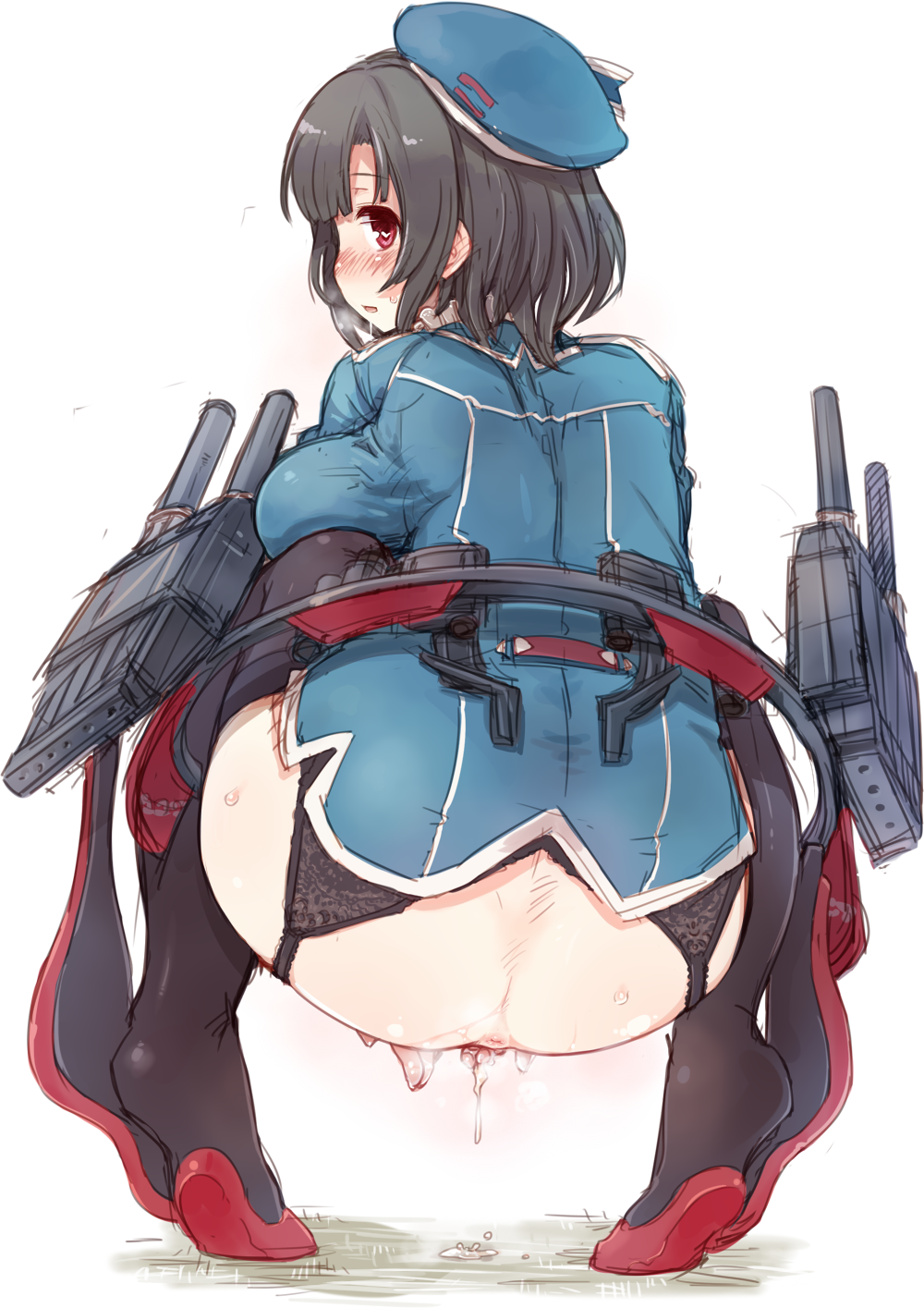 7010 anus ass beret black_hair breasts fingering from_behind garter_straps hat high_heels highres kantai_collection large_breasts looking_back military military_uniform no_panties pussy_juice red_eyes saliva shoes short_hair solo squatting sweat takao_(kantai_collection) thighhighs tiptoes uniform