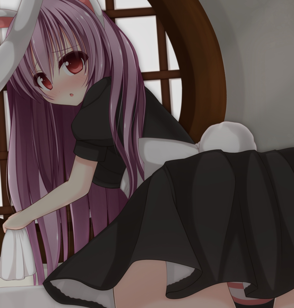 alternate_costume animal_ears apron bent_over black_dress blush breasts bunny_ears bunny_tail chestnut_mouth chimunge dress enmaided large_breasts long_hair looking_at_viewer looking_back maid open_mouth panties pantyshot pantyshot_(standing) pink_panties puffy_sleeves purple_hair rag red_eyes reisen_udongein_inaba sash short_sleeves solo standing striped striped_panties tail touhou underwear upskirt very_long_hair waist_apron