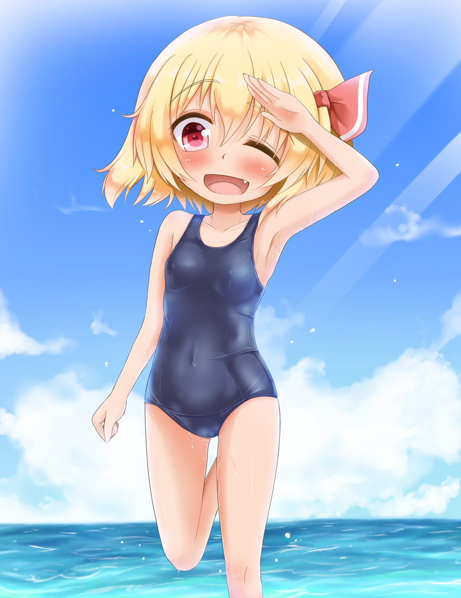 ;d arm_up armpits blonde_hair blush cloud covered_navel day fang highres koji_(kohei66) light_rays ocean one-piece_swimsuit one_eye_closed open_mouth red_eyes ribbon rumia school_swimsuit shading_eyes short_hair skindentation sky smile solo standing standing_on_one_leg sunbeam sunlight swimsuit touhou wading water wet