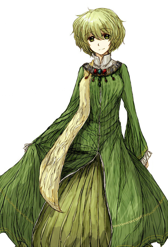 alternate_costume dress green_dress green_hair no_hat no_headwear rhapsode short_hair soga_no_tojiko solo touhou