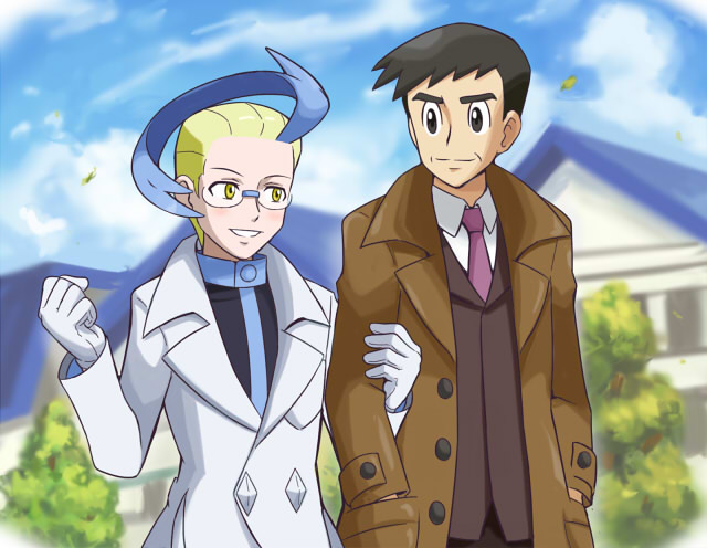 akuroma_(pokemon) androgynous arm_grab blonde_hair blue_hair blush brown_eyes commentary_request couple day glasses gloves handsome_(pokemon) looking_at_another male_focus multicolored_hair multiple_boys necktie outdoors parted_lips pokemoa pokemon pokemon_(game) pokemon_xy smile trench_coat two-tone_hair yaoi yellow_eyes