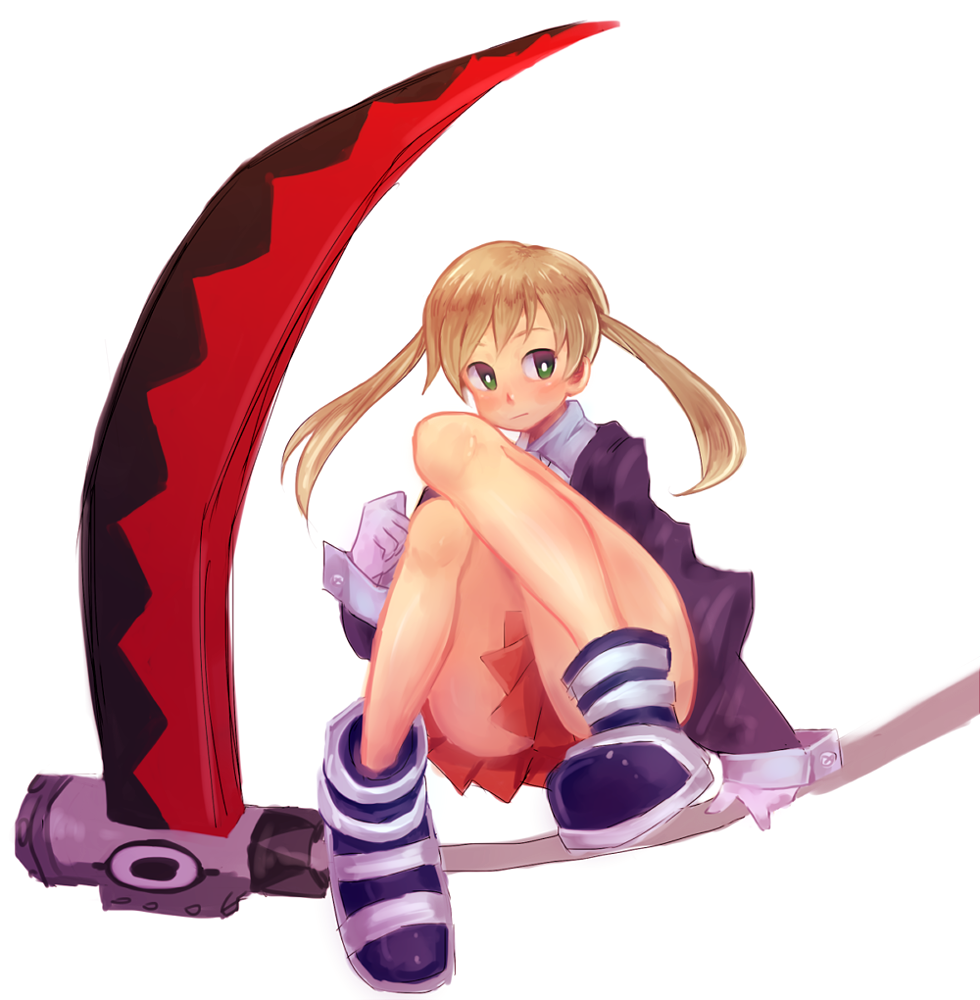 blonde_hair boots colorized gloves green_eyes knees_together_feet_apart maka_albarn miniskirt pigeon-toed pltrgst scythe sitting skirt solo soul_eater twintails weapon white_gloves wrist_cuffs