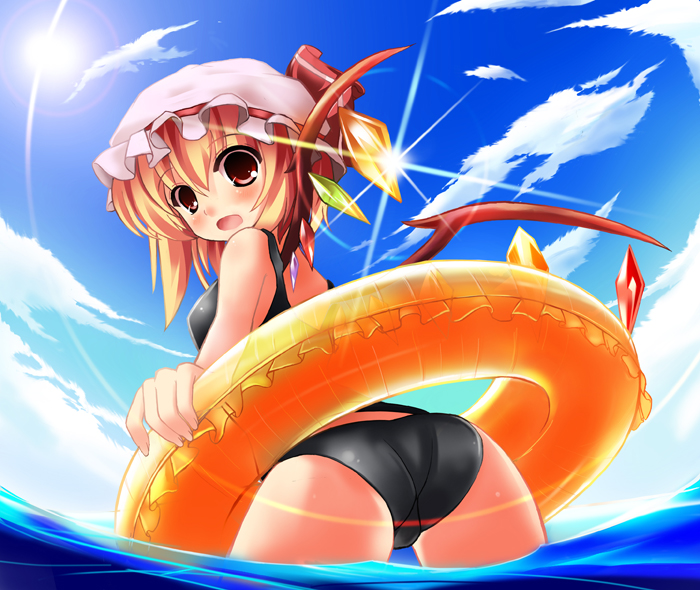 ass bad_id bad_pixiv_id black_swimsuit blonde_hair blue_sky blush cloud day flandre_scarlet glint hat hat_ribbon innertube kurume_shou looking_at_viewer looking_back mob_cap open_mouth red_eyes ribbon sky solo sun swimsuit touhou water wings