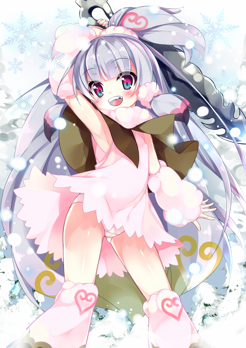 :d arm_up arm_warmers armpits blue_eyes broken_teeth broken_tooth child itezora_konayuki katanagatari long_hair mayuzaki_yuu missing_tooth multicolored multicolored_eyes open_mouth panties pantyshot red_eyes scrunchie smile snow snowflakes solo sword topknot underwear weapon white_hair white_panties