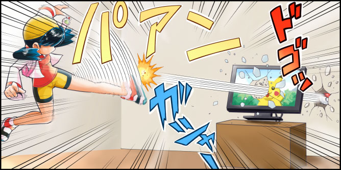 angry bike_shorts blue_hair check_commentary commentary commentary_request crystal_(pokemon) emphasis_lines explosion gen_1_pokemon hat indoors kicking motion_lines pikachu poke_ball pokegear pokemoa pokemon pokemon_(creature) pokemon_special screen shoes sneakers solo television translated twintails