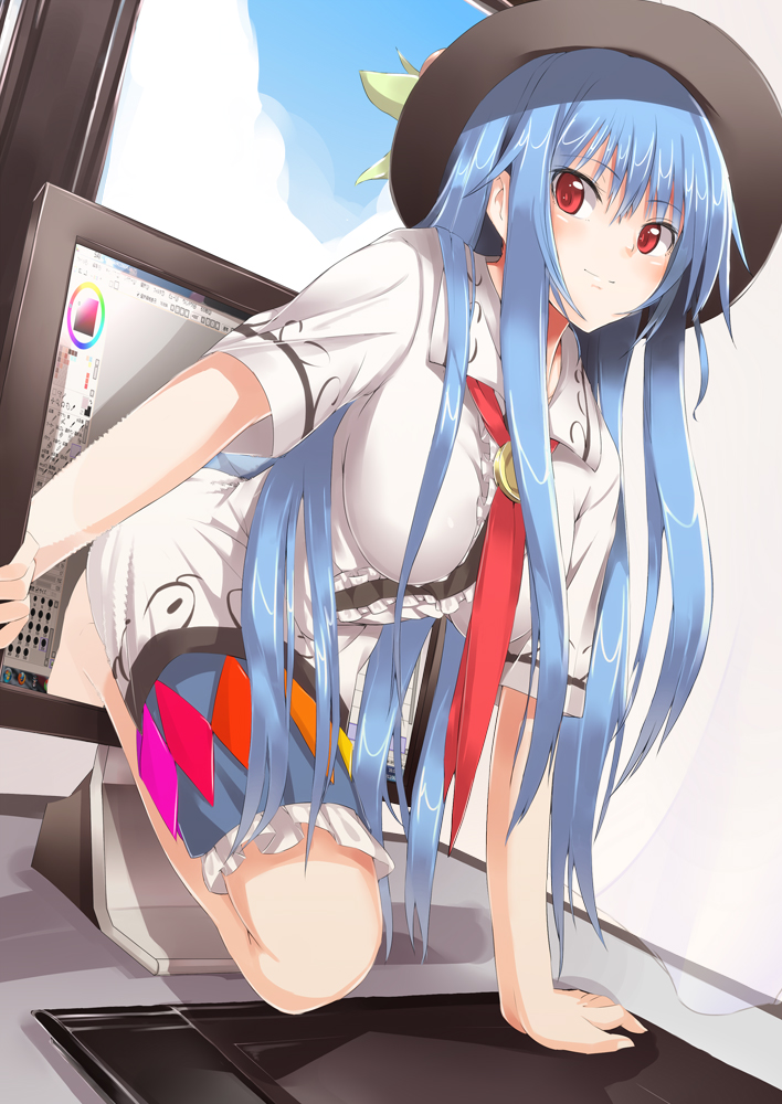 alternate_breast_size barefoot blue_hair blush breasts food fruit hat hinanawi_tenshi large_breasts long_hair looking_at_viewer monitor neropaso painttool_sai peach red_eyes smile solo through_screen touhou