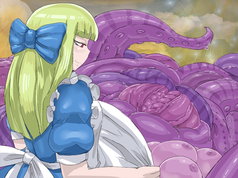 1girl artist_request black_alice black_alice_(mon-musu_quest!) blonde_hair blue_bow bow extra_breasts hair_bow long_hair mon-musu_quest! monster_girl outdoors tentacle