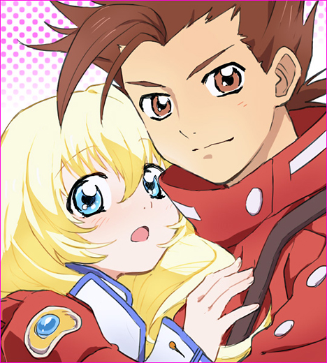 1girl blonde_hair blue_eyes brown_eyes brown_hair collet_brunel lloyd_irving long_hair official_style r_(corolla) red_shirt shirt tales_of_(series) tales_of_symphonia