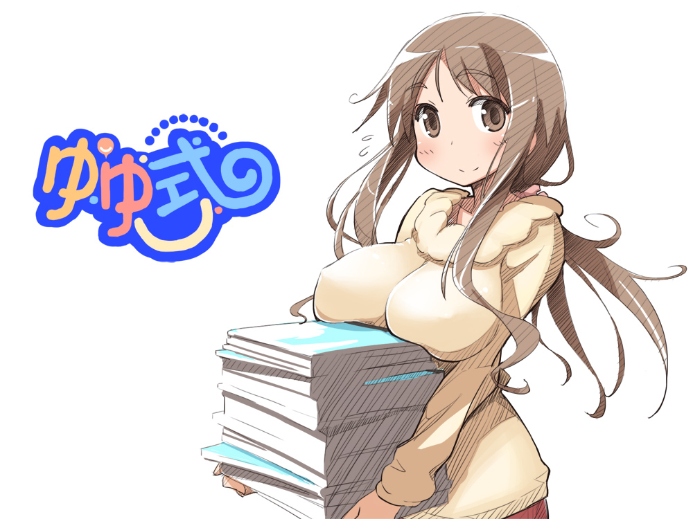 blush book breast_rest breasts brown_eyes brown_hair chihaya_72 copyright_name flying_sweatdrops large_breasts long_hair looking_at_viewer matsumoto_yoriko papers simple_background skirt smile solo teacher white_background yuyushiki