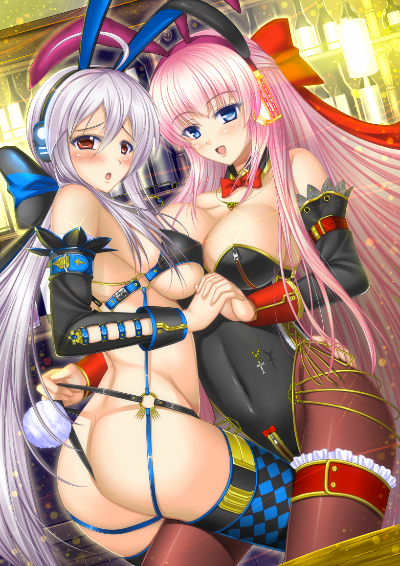 :d :o animal_ears ass bad_id bad_pixiv_id black_legwear blue_eyes blush bow bowtie breasts bunny_ears bunny_girl bunny_tail bunnysuit checkered checkered_legwear cleavage covered_navel cross detached_collar detached_sleeves hair_bow harness headphones jewelry large_breasts leg_garter long_hair looking_at_viewer megurine_luka multiple_girls necklace open_mouth panties pantyhose pink_hair ponytail red_eyes shibata_rai silver_hair smile tail thighhighs thighs thong underwear very_long_hair vocaloid voyakiloid wedgie yowane_haku yuri zipper