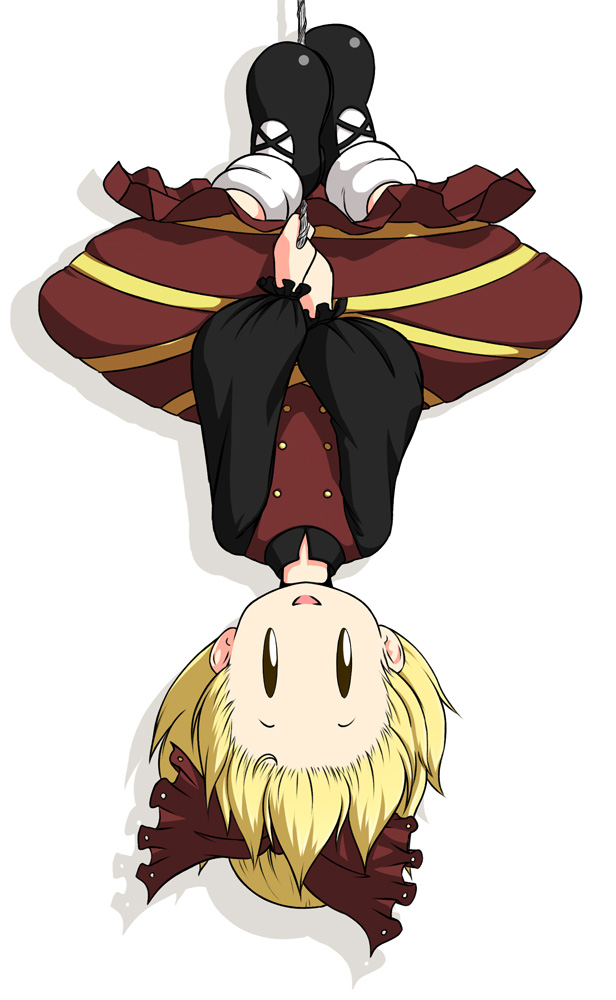 blonde_hair bow brown_dress chibi dress hair_bow hanging kurodani_yamame long_sleeves looking_at_viewer mazume open_mouth shirt simple_background smile solo touhou upside-down v_arms white_background |_|
