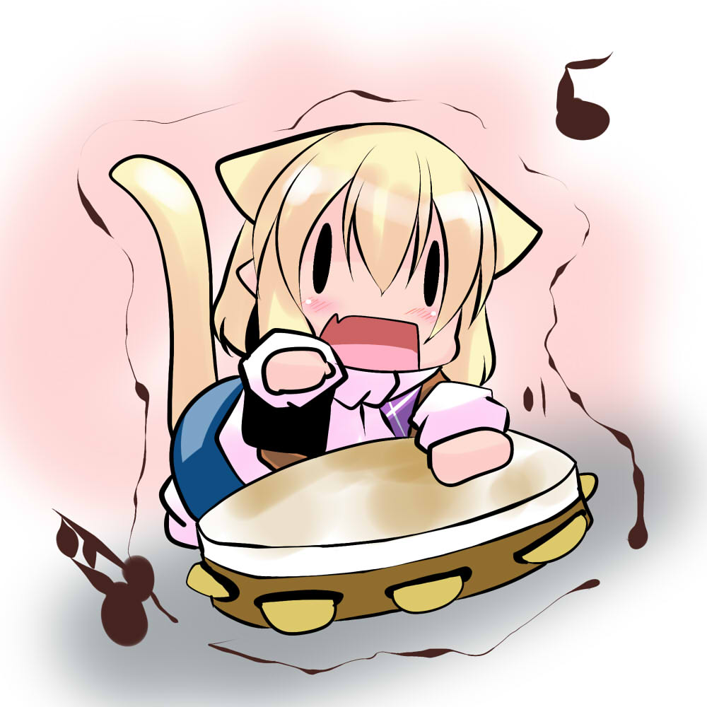 animal_ears blonde_hair chibi hoshizuki_(seigetsu) instrument mizuhashi_parsee puru-see short_hair solo tail tambourine touhou trembling |_|