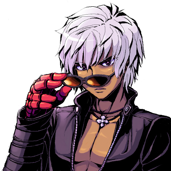 bad_id bad_pixiv_id closed_mouth dark_skin dark_skinned_male expressionless gauntlets jewelry k' looking_at_viewer male_focus necklace removing_eyewear saitou_teikoku simple_background solo sunglasses the_king_of_fighters tsurime white_background white_hair
