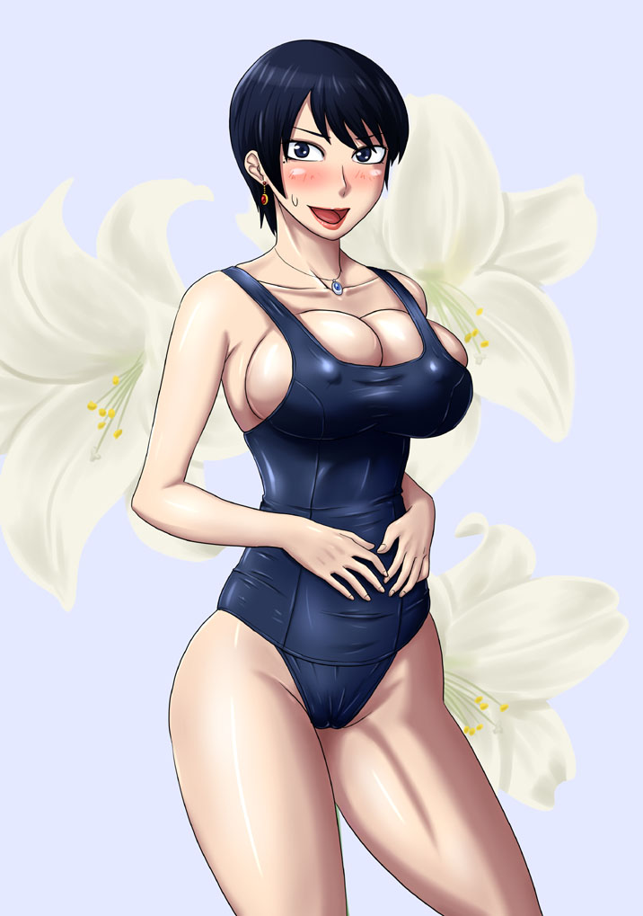 1girl blush breasts cleavage earrings jewelry large_breasts lipstick makeup ml smile solo swimsuit