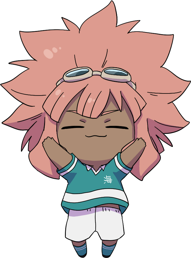 1boy :3 chibi dark_skin dark_skinned_male eyes_closed full_body goggles goggles_on_head inazuma_eleven inazuma_eleven_(series) long_hair male_focus multiple_boys pink_hair shiroabe smile soccer_uniform solo sportswear tsunami_jousuke