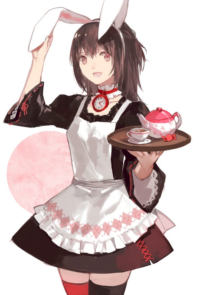 :d animal_ears apron brown_eyes brown_hair bunny_ears candy choker cotta cup fake_animal_ears food maid mismatched_legwear open_mouth original smile solo stopwatch teacup teapot thighhighs tray watch zettai_ryouiki