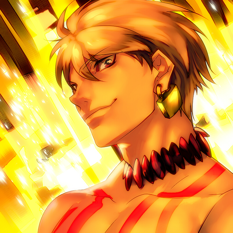 blonde_hair earrings fate/extra fate/extra_ccc fate_(series) gilgamesh jewelry kin_mokusei male_focus necklace red_eyes solo tattoo