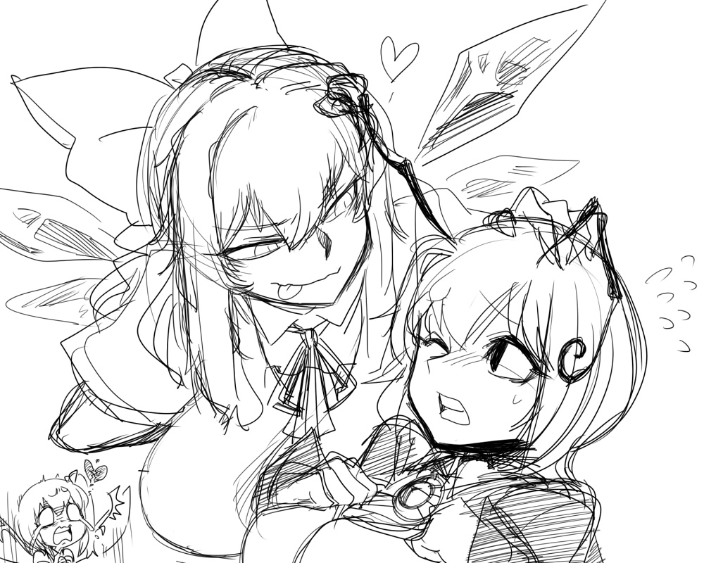 alternate_breast_size antennae blush bow breasts cirno daiyousei greyscale hair_bow huge_breasts ice ice_wings large_breasts licking_lips long_hair monochrome multiple_girls older sketch space_jin tongue tongue_out touhou wings wriggle_nightbug you_gonna_get_raped