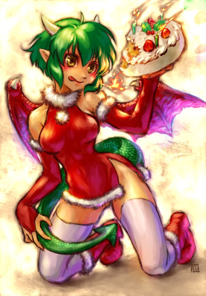 :q boots cake candle christmas draco_centauros dragon_girl dragon_horns dragon_tail dragon_wings elbow_gloves fire food fruit full_body gloves green_hair holly horns kneeling madou_monogatari miniskirt neko_no_yu pom_pom_(clothes) puyopuyo red_gloves red_wings santa_costume short_hair skirt solo strawberry tail thighhighs tongue tongue_out white_legwear wings yellow_background yellow_eyes zettai_ryouiki