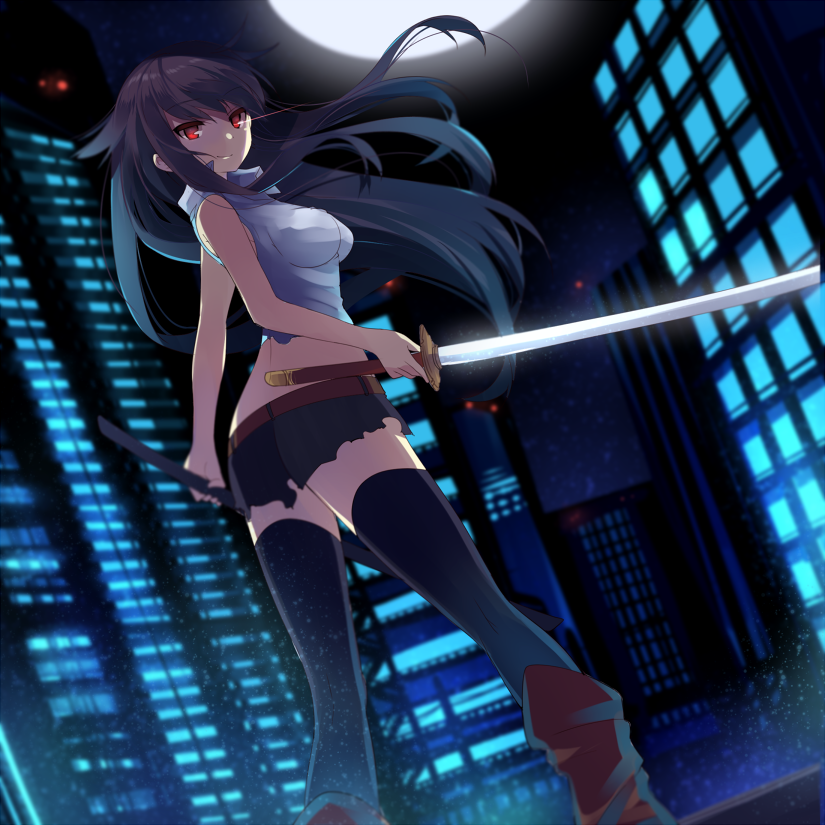 bad_id bad_pixiv_id black_hair boots copyright_request long_hair mishima_kurone night red_eyes sheath shorts solo sword thighhighs unsheathed weapon