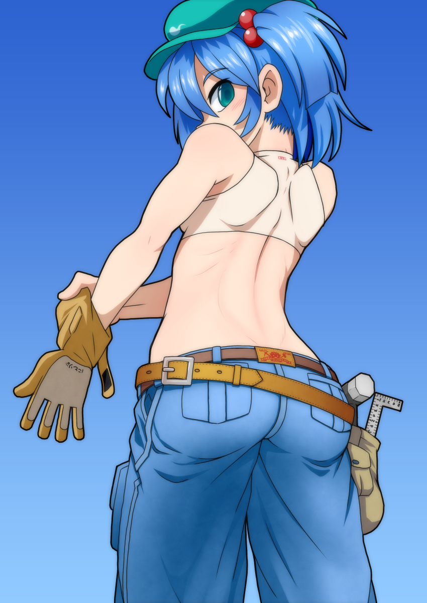 ass back belt blue_background blue_eyes blue_hair blush denim from_behind glove_pull gloves hair_bobbles hair_ornament hammer hat highres iromeki_overdrive jeans kawashiro_nitori over_shoulder pants pouch short_hair simple_background solo spine tank_top tools touhou two_side_up