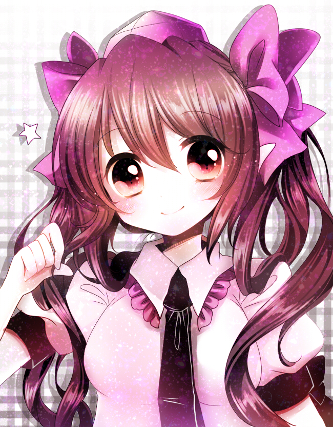 arm_up bad_id bad_pixiv_id blouse blush bow breasts checkered checkered_background gradient gradient_background gradient_hair hair_bow hand_in_hair hat head_tilt himekaidou_hatate looking_at_viewer medium_breasts multicolored_hair necktie pointy_ears puffy_short_sleeves puffy_sleeves red_eyes sanotsuki short_hair short_sleeves smile solo star tokin_hat touhou twintails upper_body