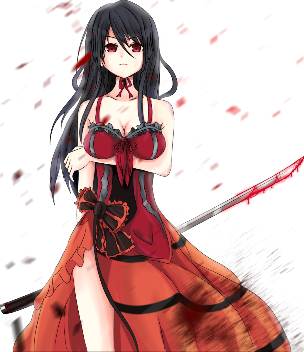 bad_id bad_pixiv_id bare_shoulders black_hair breasts cleavage dress highres katana large_breasts long_hair original pixiv red_eyes solo sword voyager289 weapon