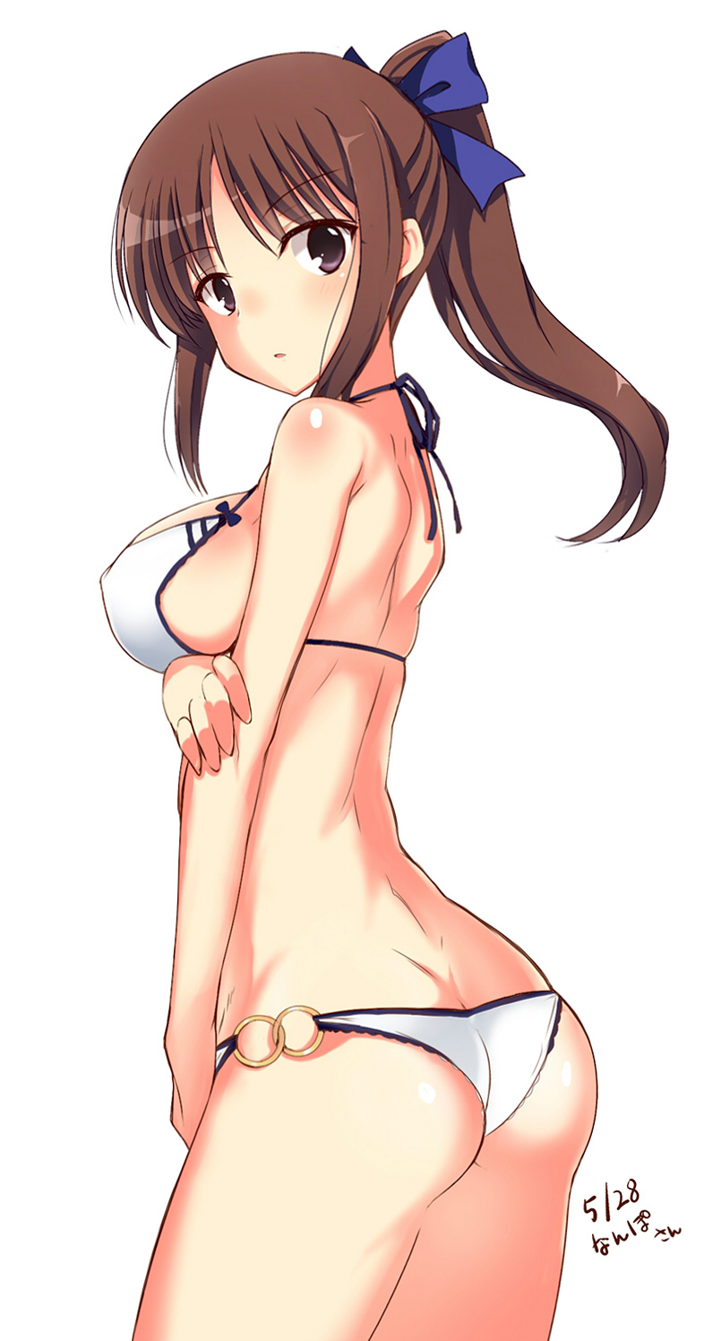 :o ass bare_shoulders bikini body_blush breast_hold breasts brown_eyes brown_hair cowboy_shot dated halterneck highres itamochi large_breasts looking_at_viewer nanpo_kazue o-ring o-ring_bottom parted_lips ponytail saki shiny shiny_skin sideboob simple_background skindentation solo swimsuit white_background white_bikini
