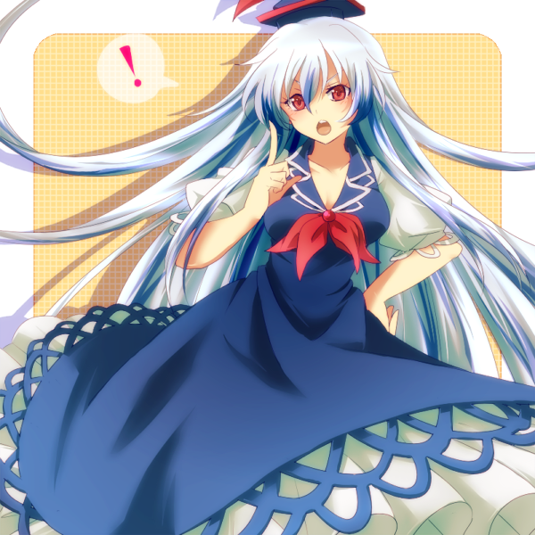 1girl akasata blue_dress breasts dress hand_on_hip hat kamishirasawa_keine large_breasts long_hair looking_at_viewer neckerchief open_mouth puffy_sleeves red_eyes shirt short_sleeves silver_hair solo touhou very_long_hair