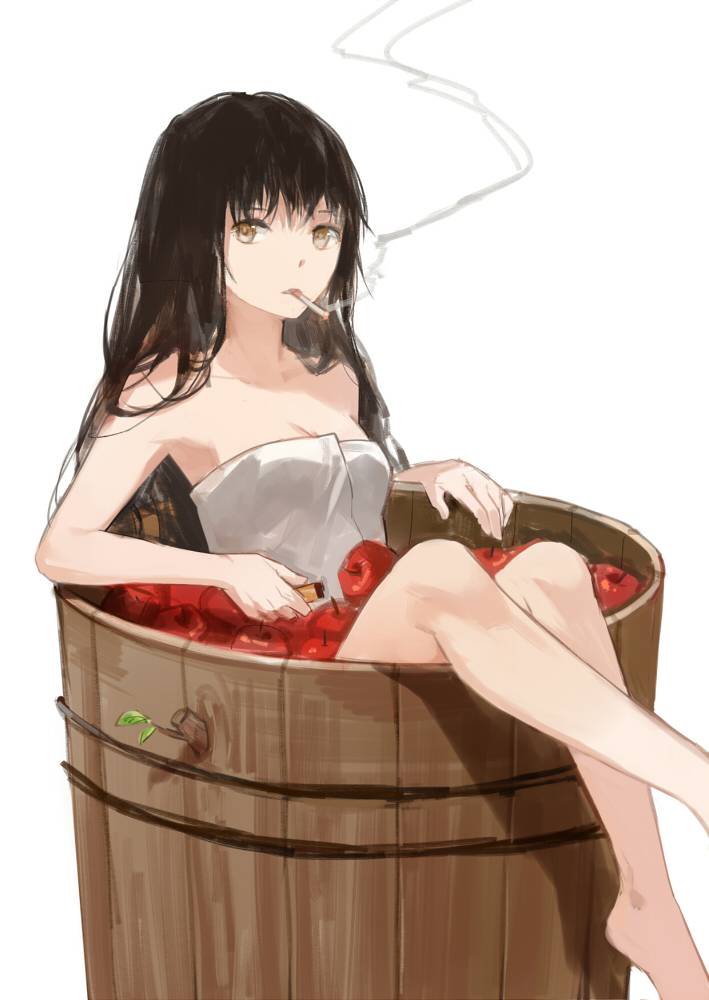 apple barrel black_hair brown_eyes cigarette cotta food fruit lighter long_hair original sitting smoking solo