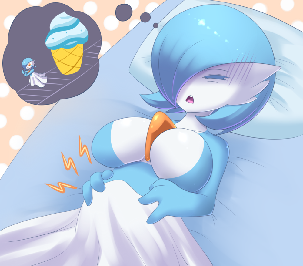 alternate_color bangs bed between_breasts big_belly blue_hair breasts cleavage closed_eyes dreaming fleeing food gardevoir gen_3_pokemon hair_over_one_eye hands_on_own_stomach ice_cream jcdr large_breasts lucy_(jcdr) nightmare no_humans open_mouth pillow pokemon pokemon_(creature) polka_dot polka_dot_background running shadow shiny_pokemon short_hair sleeping solo stomach_bulge tears teeth tongue