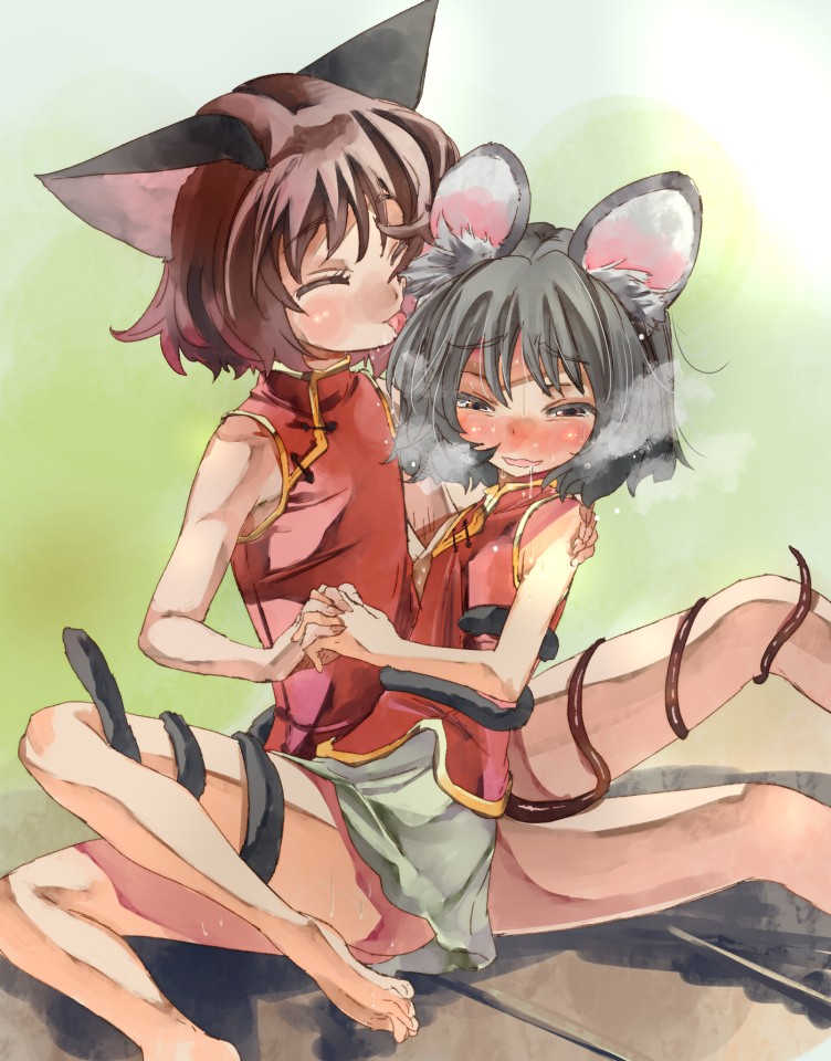 ^_^ animal_ears bare_legs bare_shoulders barefoot blush brown_eyes brown_hair cat_ears cat_tail chen closed_eyes drooling grey_hair heart licking mouse_ears mouse_tail multiple_girls multiple_tails nazrin no_hat no_headwear open_mouth short_hair skirt sleeveless smile tail tongue tongue_out touhou wavy_mouth yohane yuri