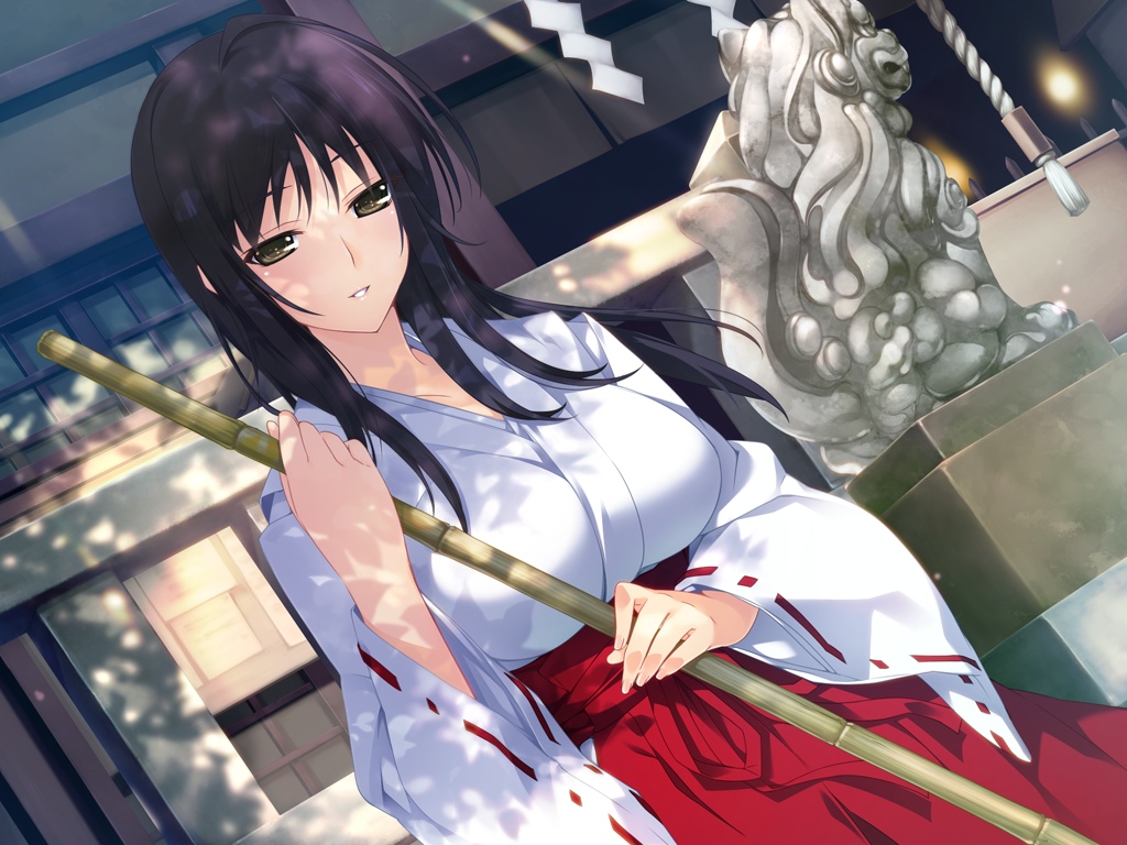 1girl black_eyes blue_hair breasts brown_eyes candle fire game_cg happy highres iizuki_tasuku izumi_wakoto japanese_clothes large_breasts long_hair looking_at_viewer lovely_x_cation_2 miko purple_hair rope shadow smile solo standing statue temple