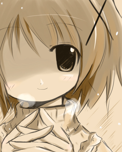 hair_ornament hidamari_sketch looking_at_viewer lowres monochrome shichinose short_hair smile solo x_hair_ornament yuno