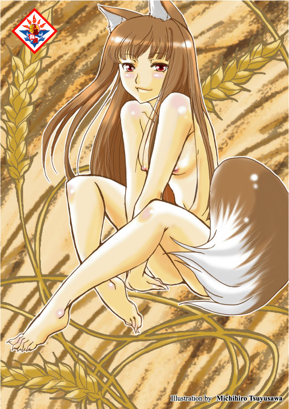 animal_ears artist_name barefoot brown brown_hair feet full_body holo long_hair nude red_eyes solo spice_and_wolf tail tsuyusawa_michihiro wheat wolf_ears wolf_tail