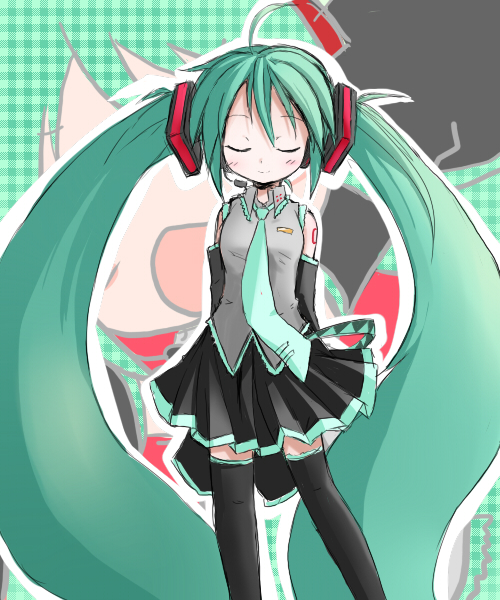 absurdly_long_hair arms_behind_back blush closed_eyes green_hair hatsune_miku long_hair necktie shichinose skirt smile solo thighhighs twintails very_long_hair vocaloid
