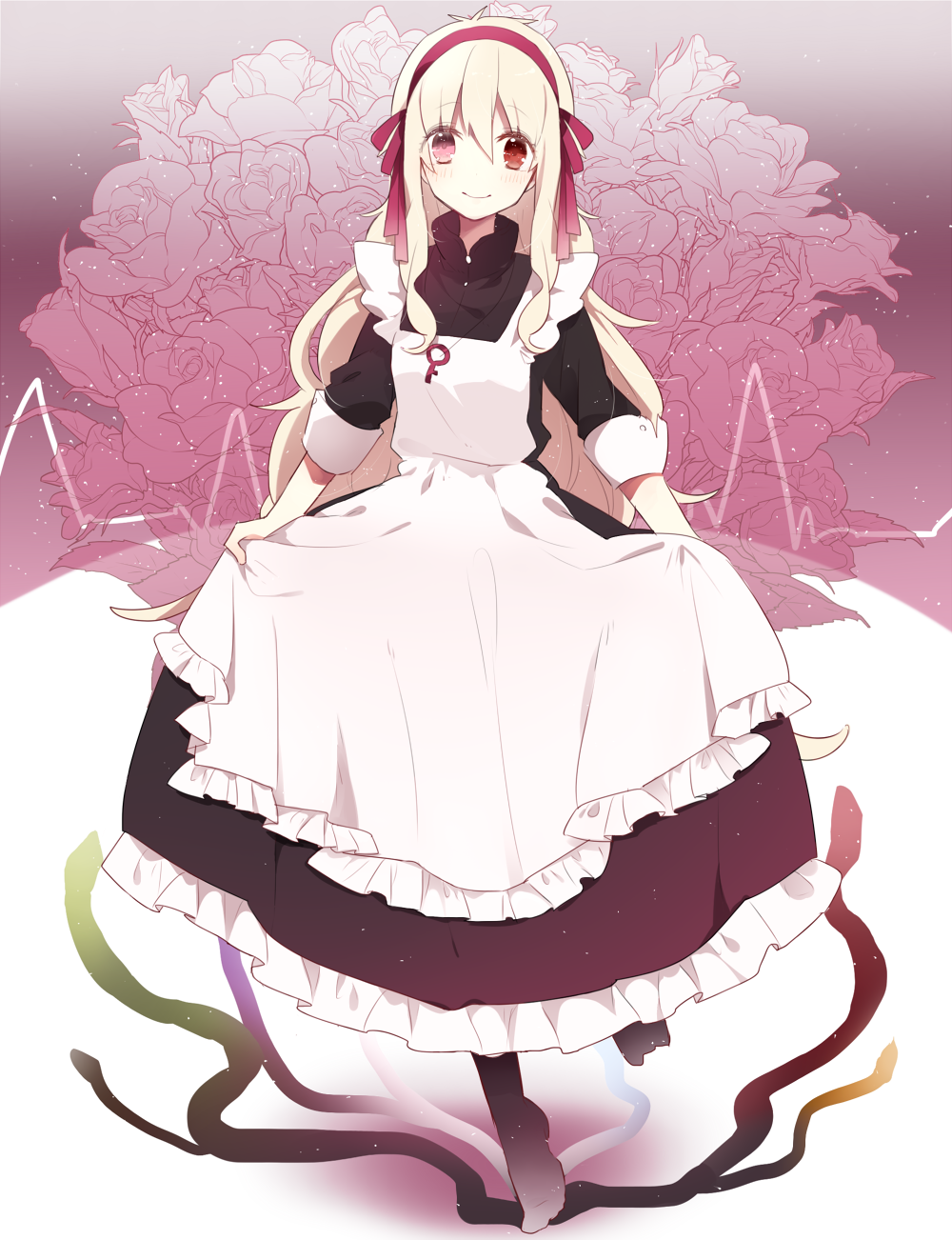 apron blonde_hair dress flower highres jewelry kagerou_project key kozakura_marry long_hair manio md5_mismatch necklace red_eyes smile solo souzou_forest_(vocaloid)