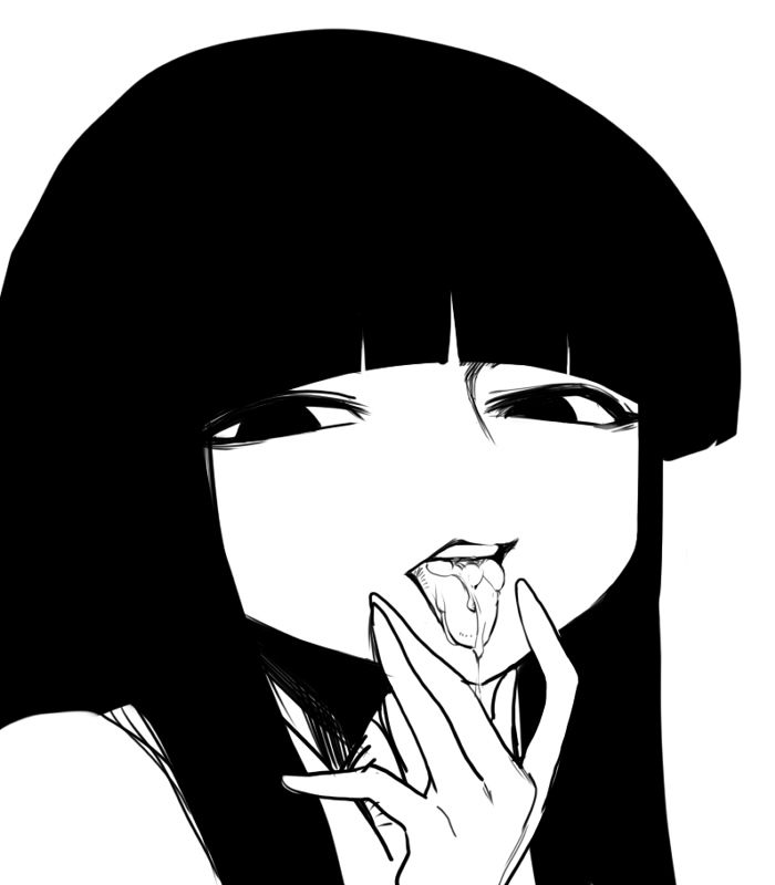 cum cum_in_mouth fingers_to_mouth greyscale high_contrast hime_cut houraisan_kaguya long_hair looking_at_viewer monochrome open_mouth oral_invitation solo space_jin tongue tongue_out touhou