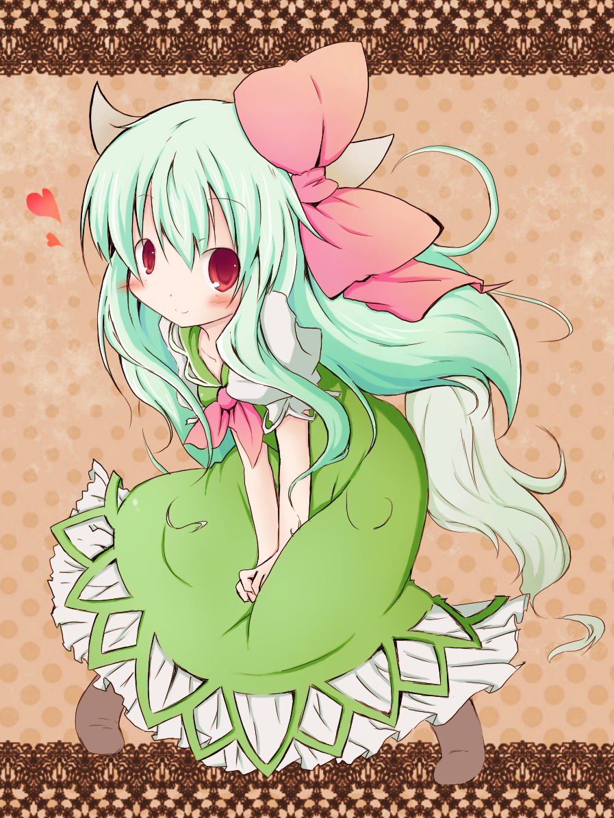 bow colorized daigorou ex-keine green_hair heart horns kamishirasawa_keine long_hair looking_at_viewer red_eyes smile solo tail touhou